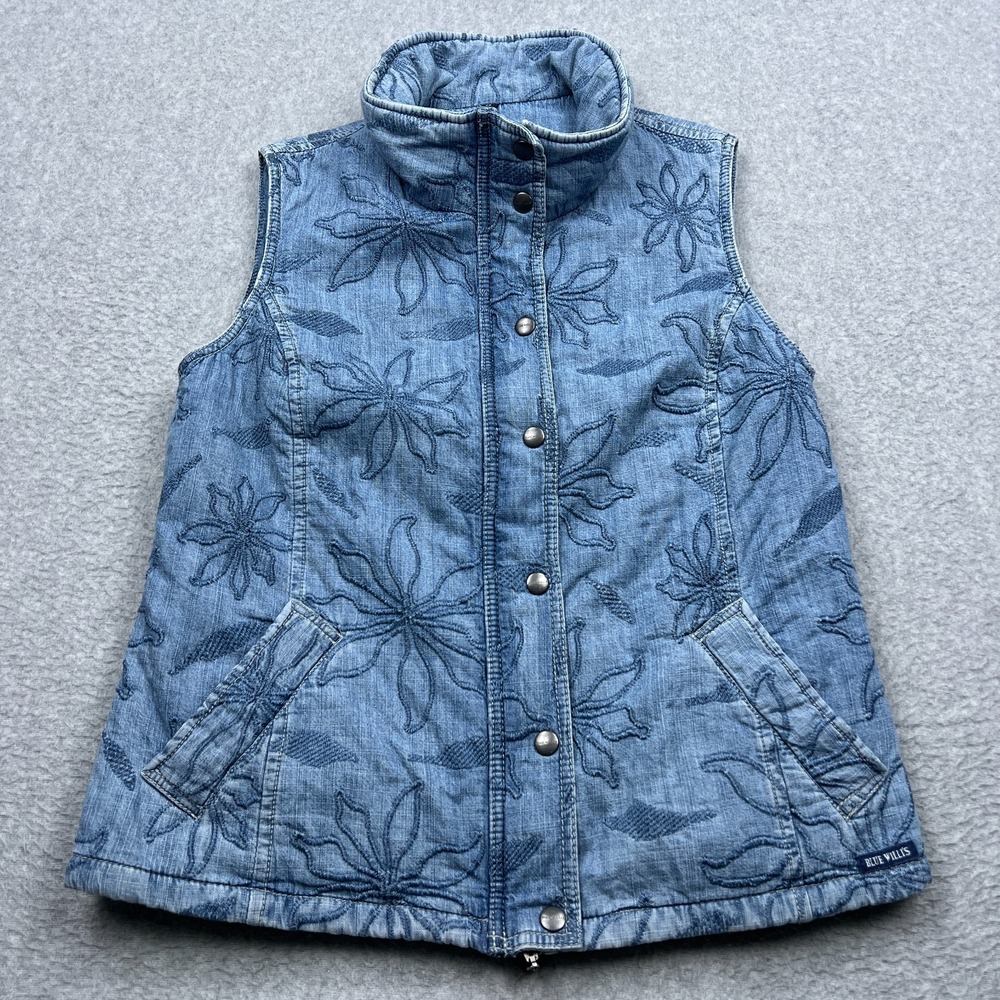 Blue Willi's Denmark Denim Vest Women's 36 Blue Floral Embroidered Full Zip Snap
